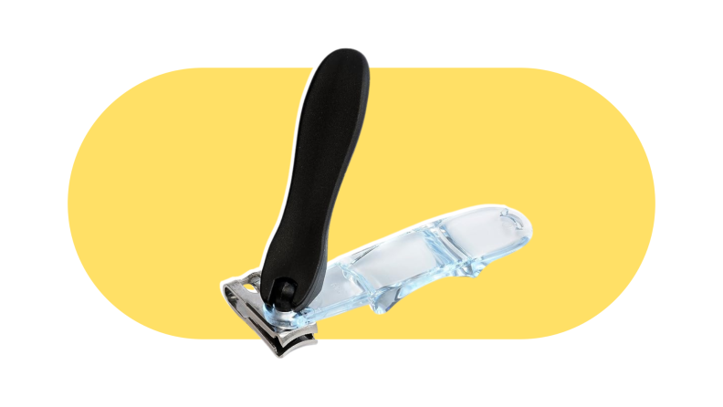 The EZ Grip nail clippers on a yellow and white background