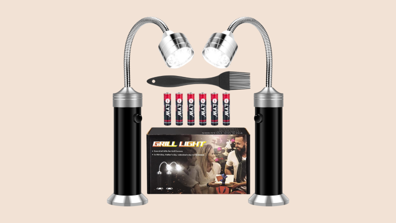 Kosin Grill Lights with batteries and packaging on a tan background.