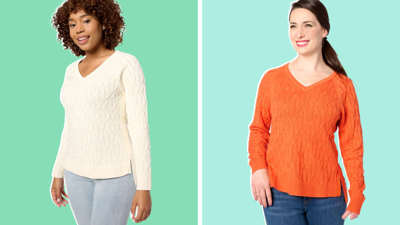 Side-by-side image of two people wearing V-neck sweaters, one white and one orange, from QVC's Mizrahi Live! x Selma Blair accessible clothing line.