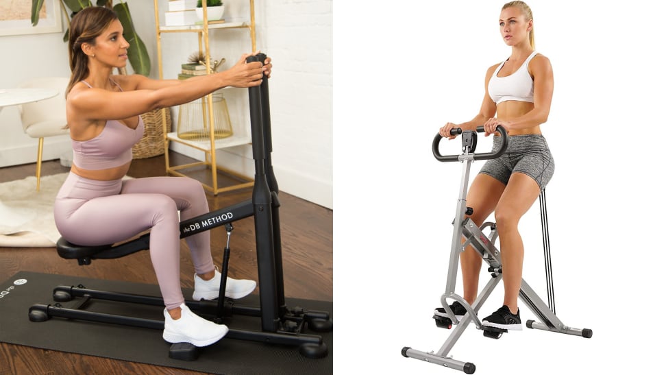 left: woman using db method squat machine right: woman using sunny row-n-ride