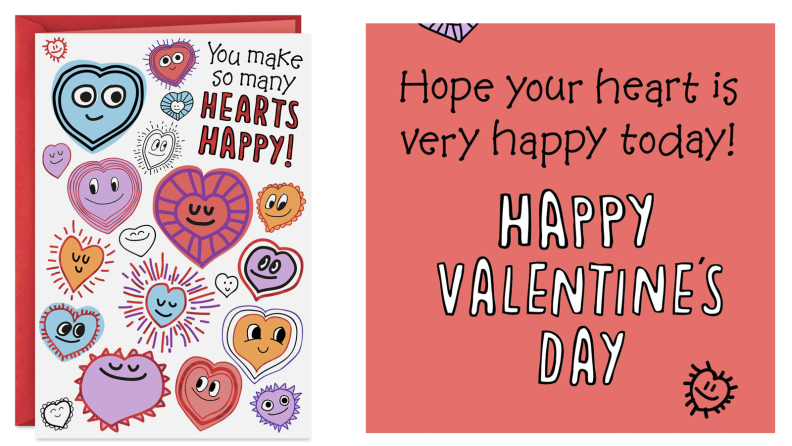 The image is split into two greeting-card designs. The one of the left reads, "You make so many hearts happy." On the right, the other card says: "Hope your heart is very happy today! Happy Valentine's Day."