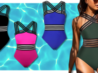 A cutout monokini in three colors floating on water. A woman in a green version.