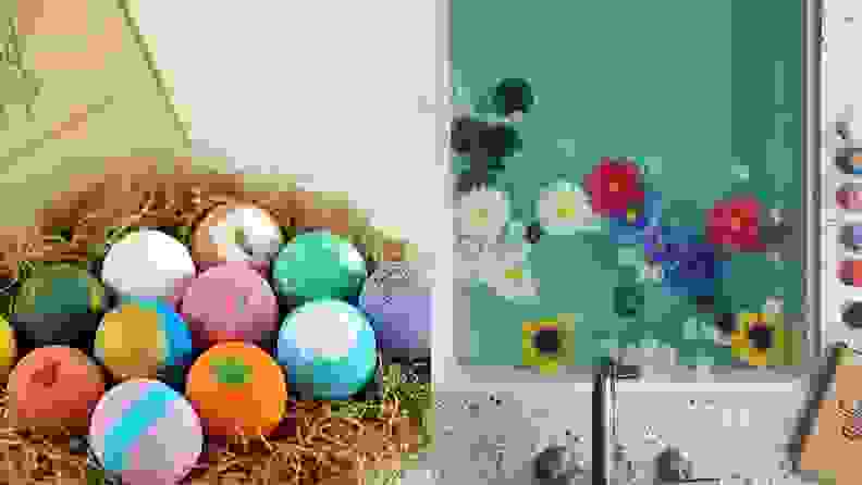 On left, multi-colored bath bombs on top on straw materiall. On right, teal bathwater with flowers floating on top.
