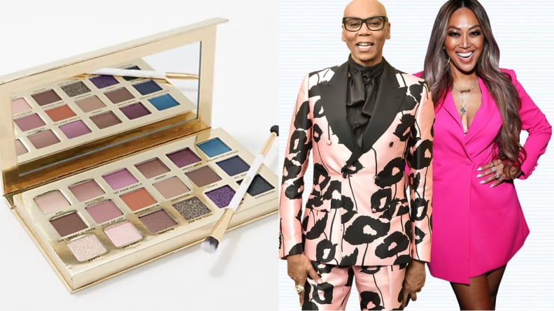 Left: eyeshadow palette on white background, right: Rupaul and Mally Beauty