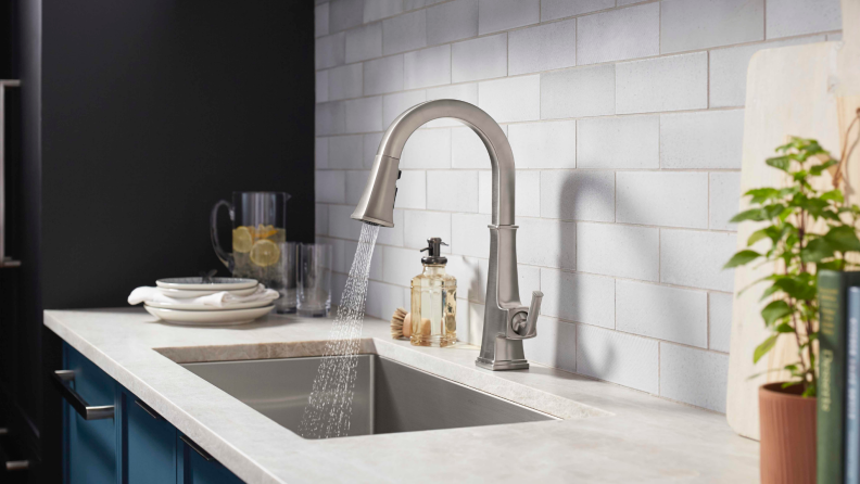 Kohler's new Riff kitchen faucet collection integrates with a smart home platform for voice-activated, hands-free control and motion-activated technology.