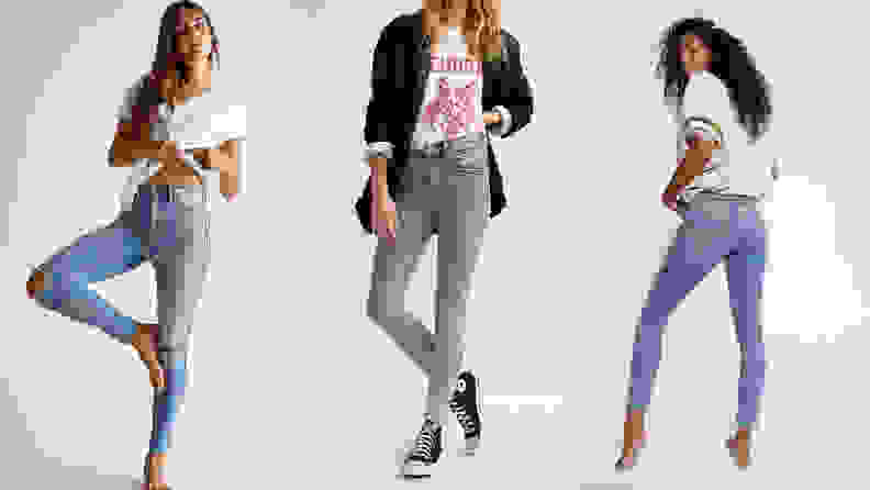 Models wearing three different shades of distressed jeggings.
