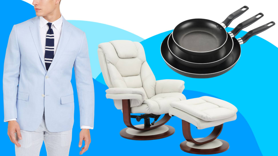 一个穿着浅蓝色拉尔夫·劳伦西装的男人，一把白色的法灵顿椅子，一套T-Fal平底锅。