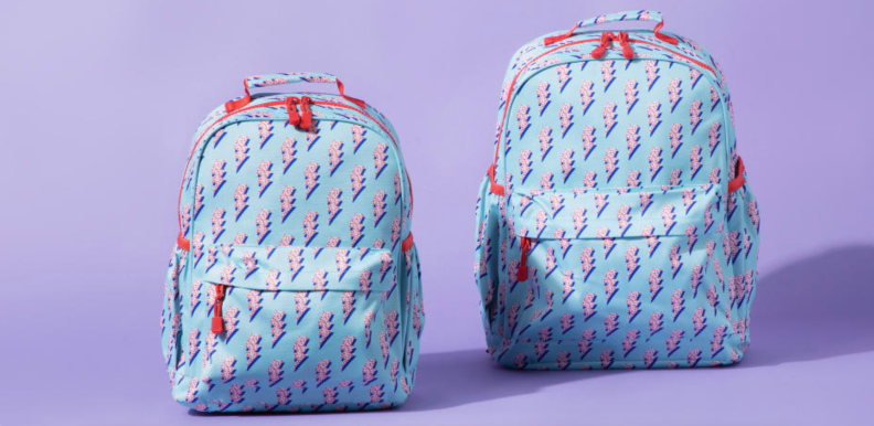 Two Crate & Barrel backpacks in a blue pattern against a purple background.