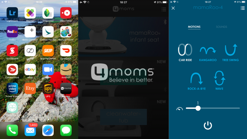 Screenshots of iPhone home screen with apps, 4moms app opening, and setting in the app.