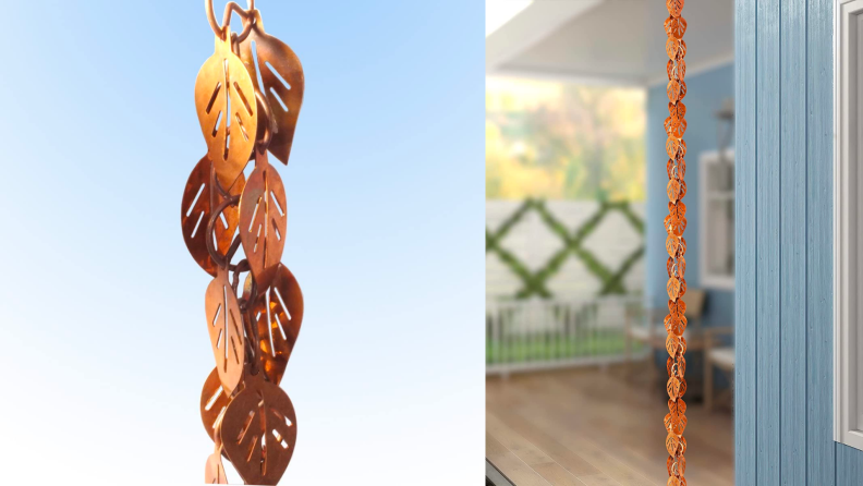 Two images of a copper rain chain hanging on a porch.