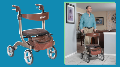 A collage showing off the Drive Medical Walker and a picture of a person utilizing it.