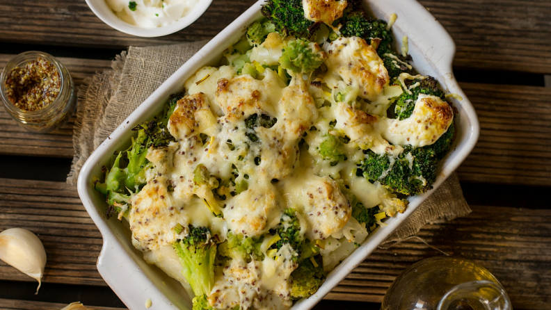 A cheesy broccoli casserole can be a good choice for weeknight dinner.