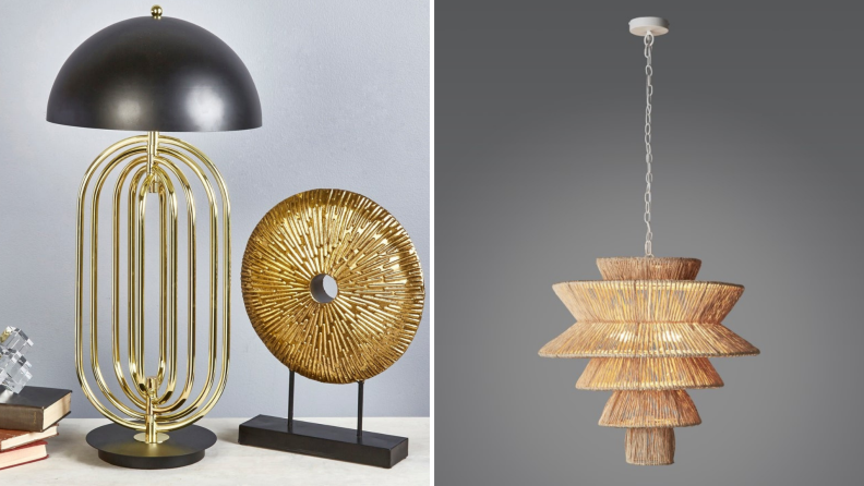 (left) A gold art deco desk lamp. (right) a hanging wooden lamp.