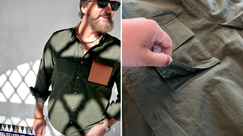 A model wearing a green canvas shirt with a leather pocket, and a close-up of how the leather pocket can be swapped out.