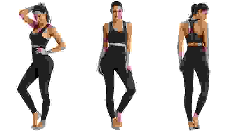 An athletic model is shown in three separate poses, wearing a black sports bra and leggings.