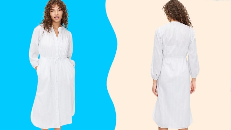 Model displays front and back of mid-length dress.