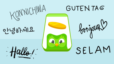 A phone with the Duolingo owl and a gold coin in the middle with hello written in six different languages around it