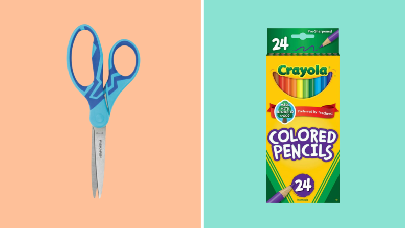 blue scissors and colored pencils