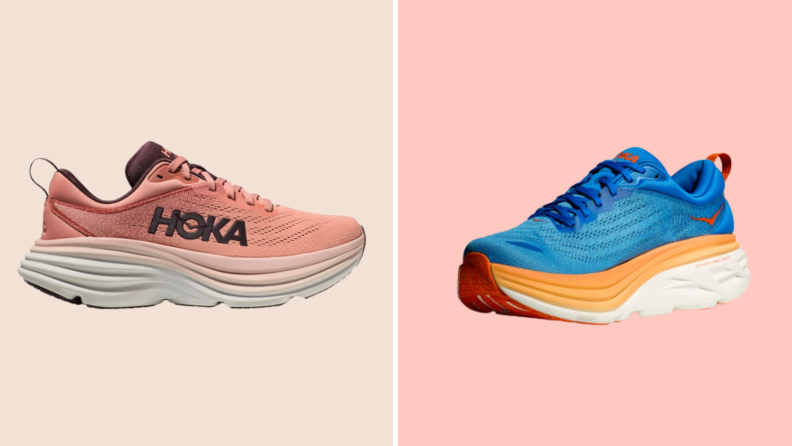 Two pairs of sneakers: On the left is a pink sneaker and on the right is a blue sneaker.