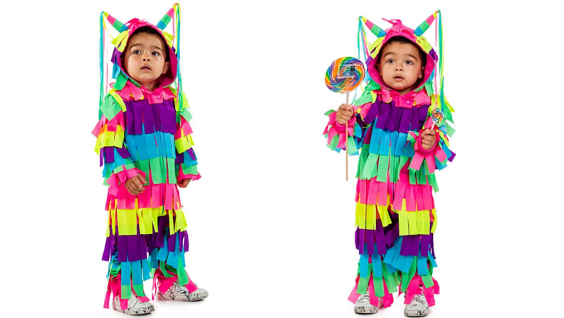 Child dressed as colorful piñata.