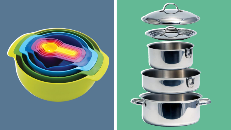 On left, colorful collapsible colanders. On right, 3-piece of stainless pots with lids.