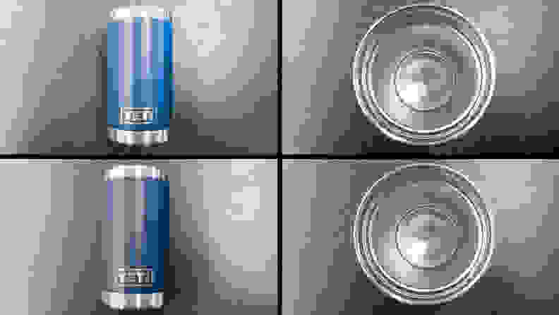 A compilation of four shots of the Yeti Rambler cup. The leftmost images show a before-and-after comparison of the exterior of the cup. Next to those is a side-by-side of the interior of the cup. The 