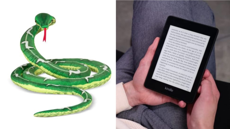 Plush snake on white background / Person holding a Kindle Paperwhite with text on the screen.