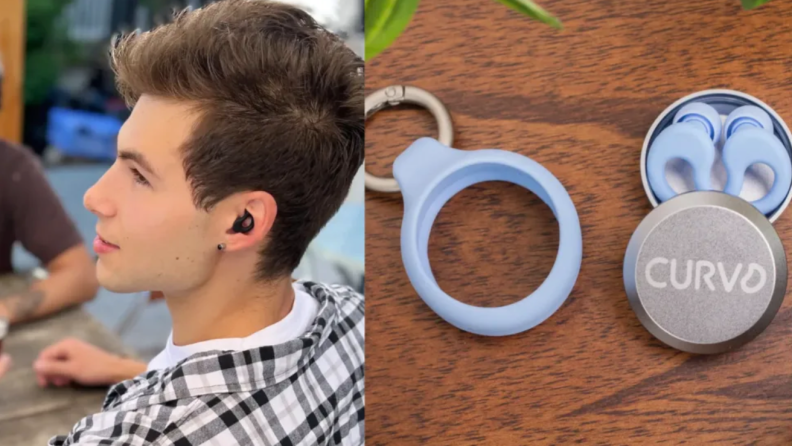 A man wears black CURVD earplugs as he sits outside with a beer in his hand. In a second photo we see purple CURVD earplugs with their tin carrying case.