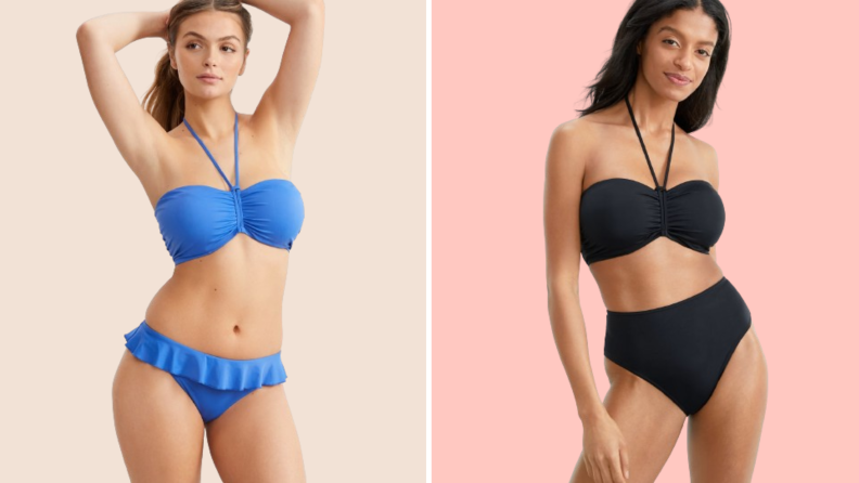 Models wearing a blue and black version of the same bikini.