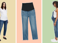 On the left: A woman wearing a white shirt and a pair of cropped maternity jeans. In the middle: a pair of maternity jeans on a pink background. On the right: A pregnant woman wearing overalls.