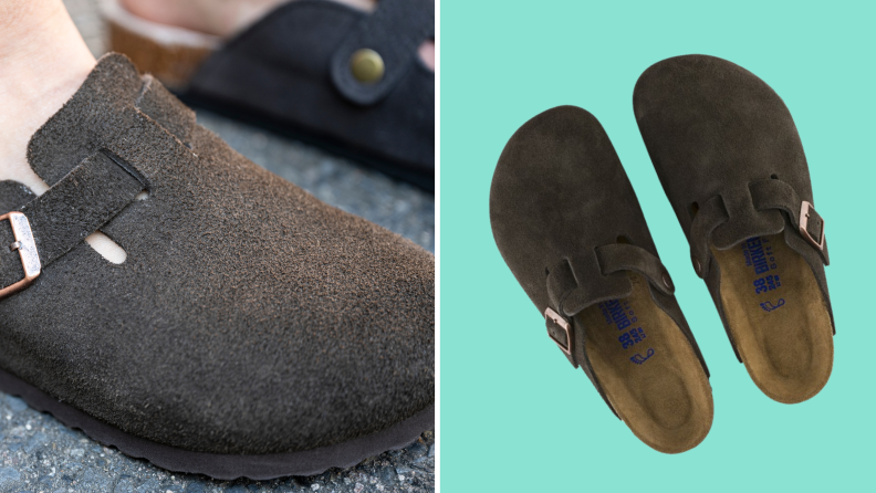 A pair of clogs and a close-up of someone wearing the same shoes.