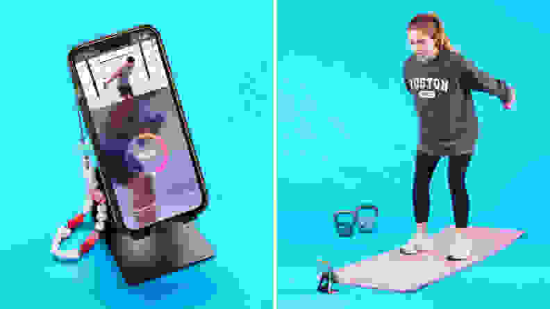 On left, smart phone perched on phone stand with FitOn app on screen. On right, person working out on top of yoga mat in front of smart phone.