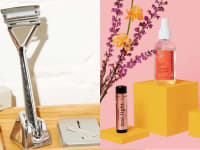 Metal razor and skincare products.