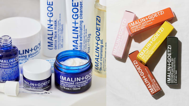 a bunch of blue and white skincare products on a bathroom counter next to rainbow colored packages products