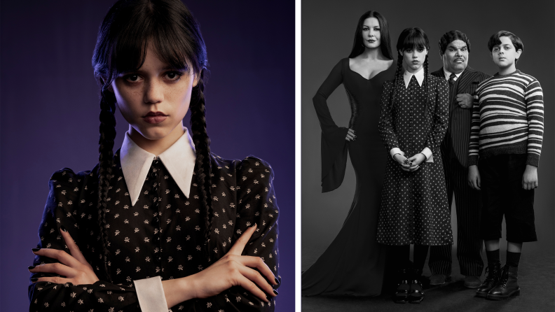 Close-up publicity stills for the Netflix series ‘Wednesday,’ featuring Jenna Ortega and the entire Addams family.