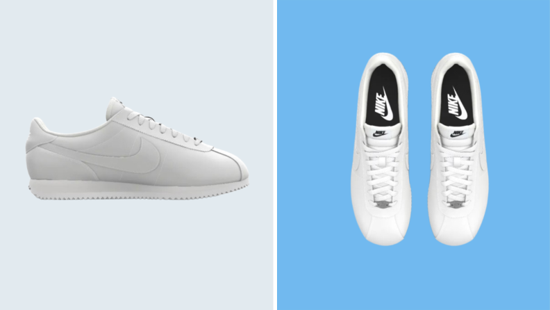Side of Nike Cortez sneaker and pair of Nike Cortex against gray and blue backgrounds