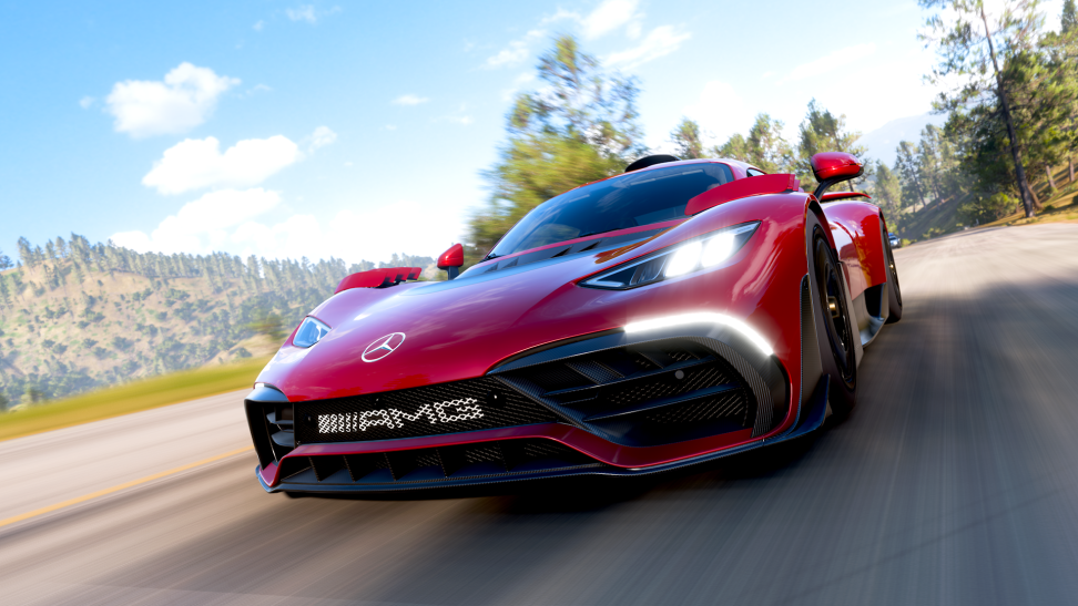 Screenshot of a red Mercedes-AMG One hypercar, taken using the photo mode in Forza Horizon 5.
