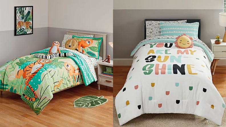 An image of a set of brightly patterned children's bedding, next to an image of similar bedding that features a small pillow shaped like a sun.