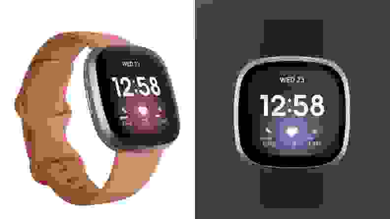 A pink and blue FitBit watch.