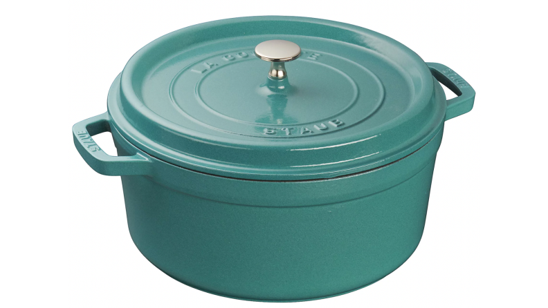 A turquoise Staub Dutch oven.