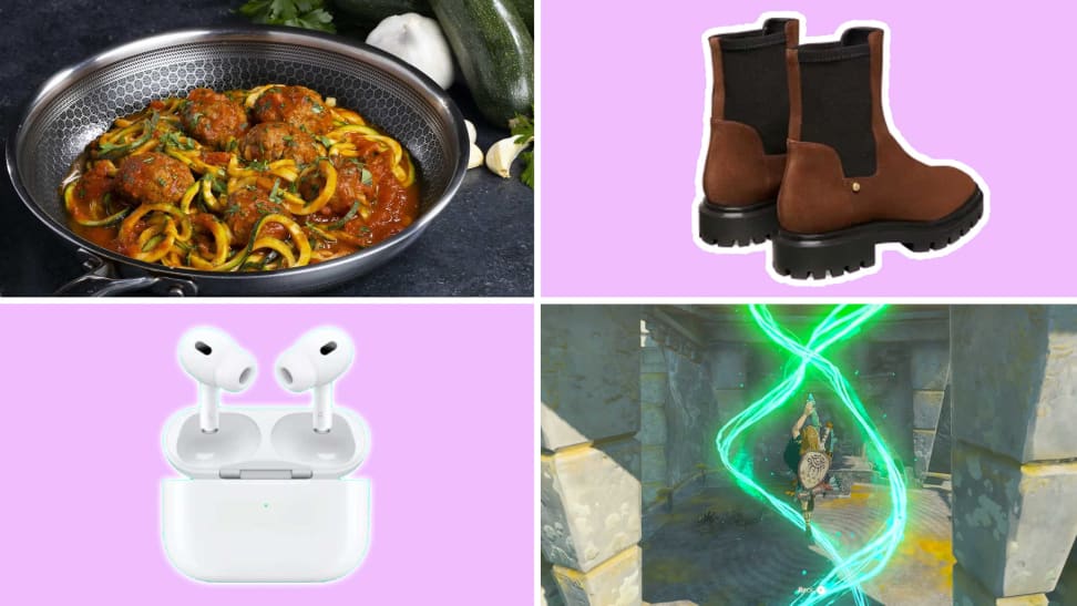 A collage with a HexClad pan, Stuart Weitzman boots, Zelda game, and Apple AirPods