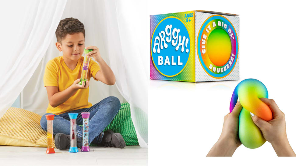 Left: A child plays with sensory tubes; right: hands squish a colorful ball