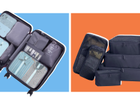 在蓝色和橙色背景下的两个行李箱和存储立方体的图像。