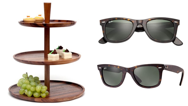 Wooden Tiered serving tray and Ray-Ban Wayfarer sunglasses