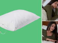 On left, white DreamPad pillow. On right person laying in bed on DreamPad pillow while using cell phone.