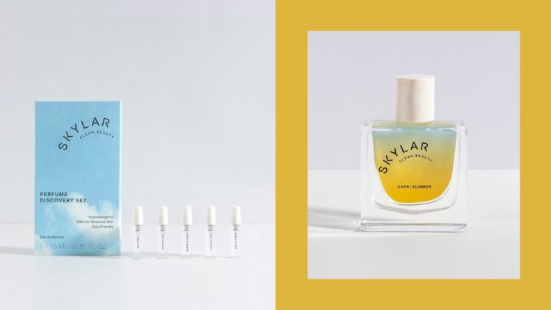 Left: Sampler set of perfume vials; Right: Perfume bottle