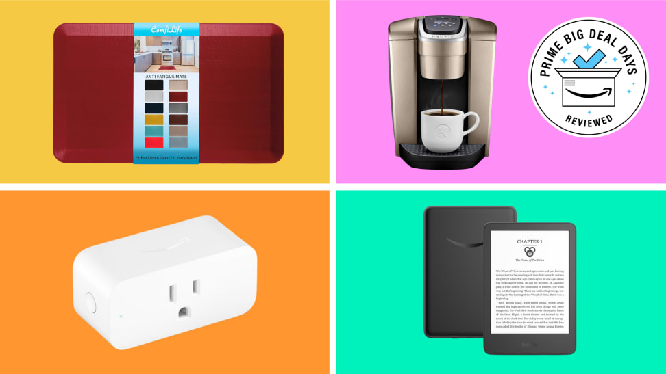 A floor mat, Keurig, Amazon Kindle and smart plug sit on four corners of a color block background