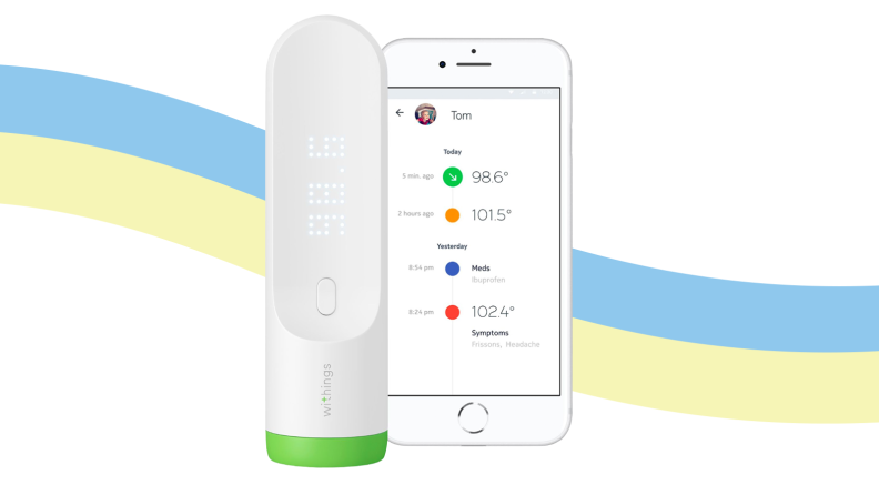 The Withings Thermo Temporal Smart Thermometer on a rainbow background