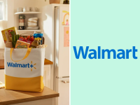A colorful collage with a Walmart+ bag and the Walmart logo.