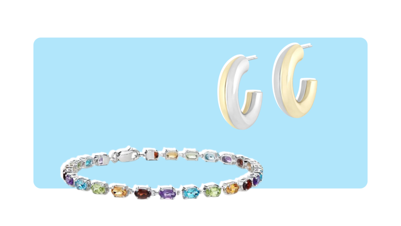 A multicolored gemstone bracelet, and hoop earrings that have both gold and silver details.